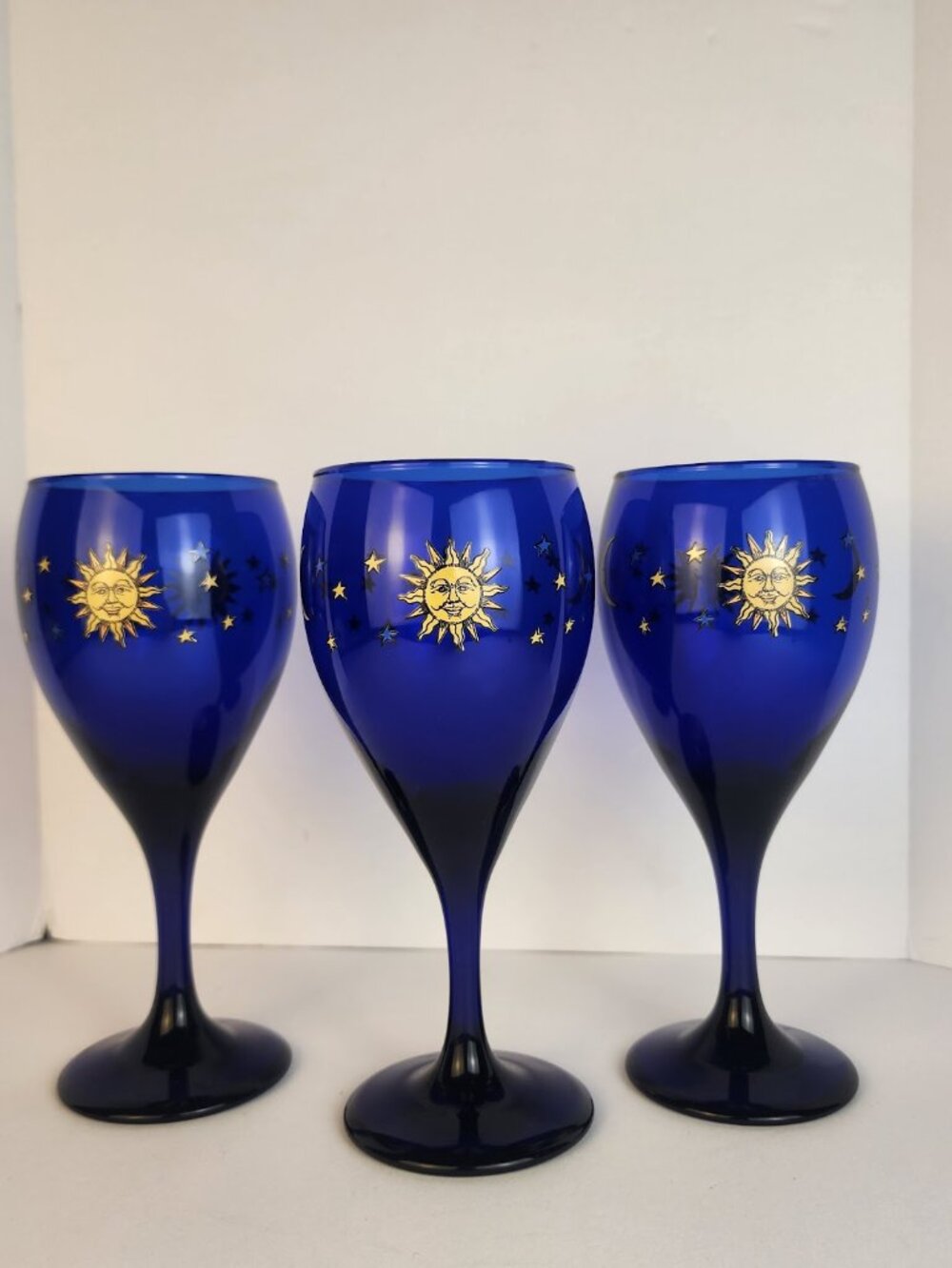 Libbey Cobalt Blue Celestial Sun Moon Stars Stem Wine Glass Set 3 Vintage Goblet